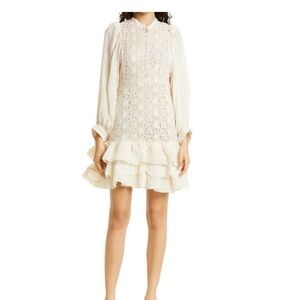 ByTiMo Dot Jacquard Lace Long Sleeve Ruffled Cream Mini Dress